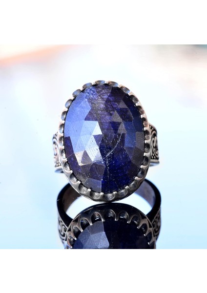 El Yapımı Doğal Safir Taşlı Yüzük, 925 Ayar Gümüş Erkek Yüzüğü - Bilgelik ve Refah Tasarımı indirimleri