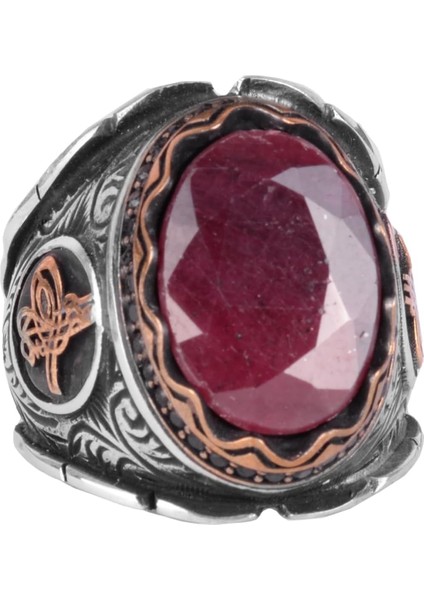 Osmanlı Tuğra Doğal Yakut Taş Yüzük, 925 Ayar Gümüş Yüzük Erkekler Için