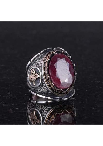 Osmanlı Tuğra Doğal Yakut Taş Yüzük, 925 Ayar Gümüş Yüzük Erkekler Için modelleri