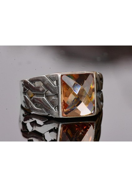 El Yapımı 925 Ayar Gümüş Erkek Yüzük, Sitrin Taşı, Yunan Aztek Minimalist Tasarım, Farklı Erkek Aksesuarı modelleri