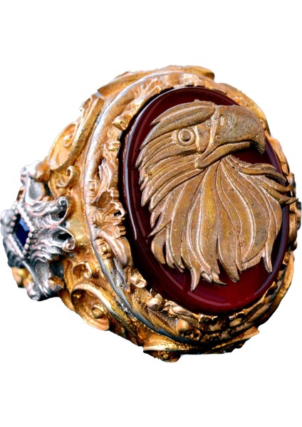 El Yapımı Yüzük - 925 Ayar Katı Gümüş Erkek Altın Kaplama Takı (Şahin)