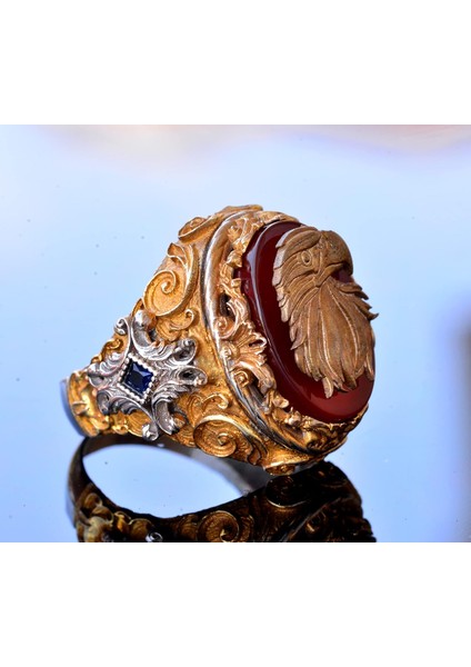 El Yapımı Yüzük - 925 Ayar Katı Gümüş Erkek Altın Kaplama Takı (Şahin) fırsatları