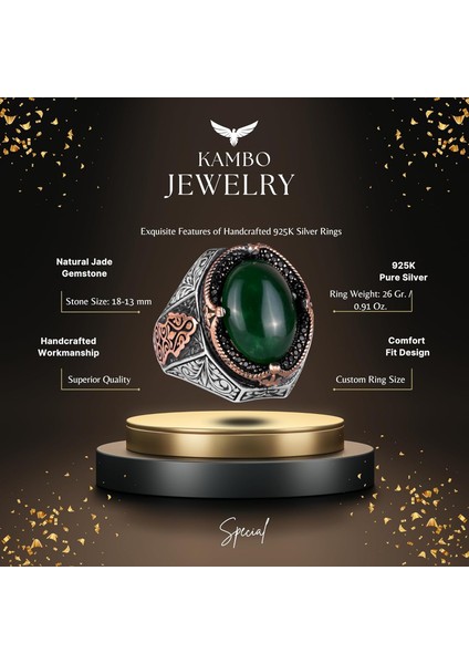 Serin 925 Ayar Katı Gümüş Erkek Yüzük - El Yapımı Doğal Yeşim Taşı Yüzük, Uyumluluk ve Refah Tasarımı fiyatları