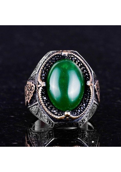 Serin 925 Ayar Katı Gümüş Erkek Yüzük - El Yapımı Doğal Yeşim Taşı Yüzük, Uyumluluk ve Refah Tasarımı fırsatları