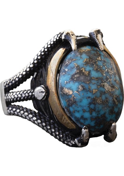 Doğal Arizona Turkuaz Taşlı Pençe Yüzüğü - Gümüş Erkek Yüzüğü