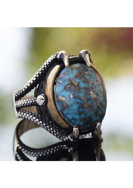 Doğal Arizona Turkuaz Taşlı Pençe Yüzüğü - Gümüş Erkek Yüzüğü modelleri