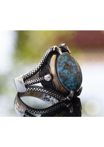 Doğal Arizona Turkuaz Taşlı Pençe Yüzüğü - Gümüş Erkek Yüzüğü fırsatları