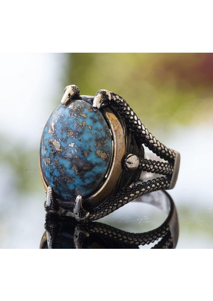 Doğal Arizona Turkuaz Taşlı Pençe Yüzüğü - Gümüş Erkek Yüzüğü indirimleri