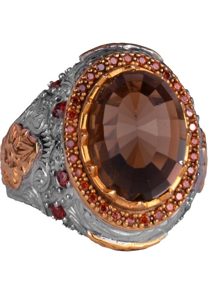 Yapay Taş Yüzük - Sultan Yüzüğü - 925 Ayar Gümüş Yüzük Erkekler Için - El Yapımı Kral Yüzüğü (Yapay Dumanlı Topaz)