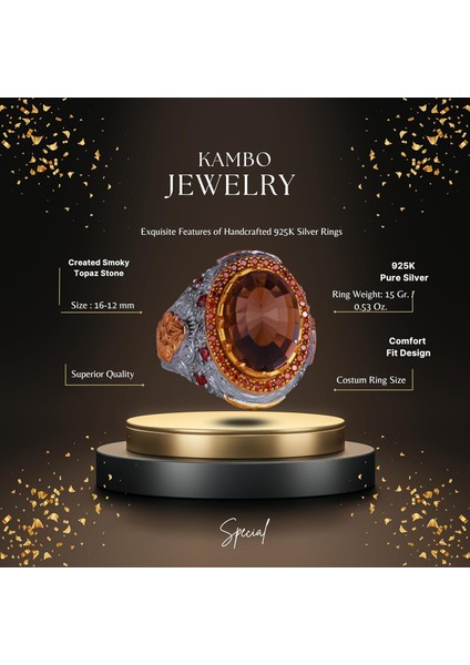 Yapay Taş Yüzük - Sultan Yüzüğü - 925 Ayar Gümüş Yüzük Erkekler Için - El Yapımı Kral Yüzüğü (Yapay Dumanlı Topaz) fiyatları