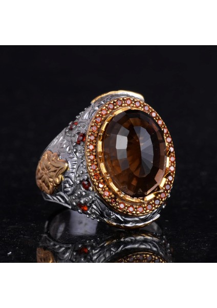 Yapay Taş Yüzük - Sultan Yüzüğü - 925 Ayar Gümüş Yüzük Erkekler Için - El Yapımı Kral Yüzüğü (Yapay Dumanlı Topaz) fırsatları