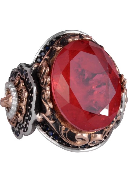 925 Ayar Gümüş Yüzük, Kırmızı Paraiba Yapay Taş Yüzük, Aslan Sembol Yüzük