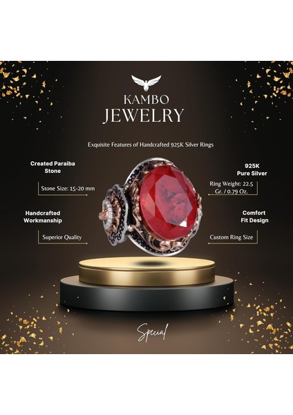 925 Ayar Gümüş Yüzük, Kırmızı Paraiba Yapay Taş Yüzük, Aslan Sembol Yüzük fiyatları