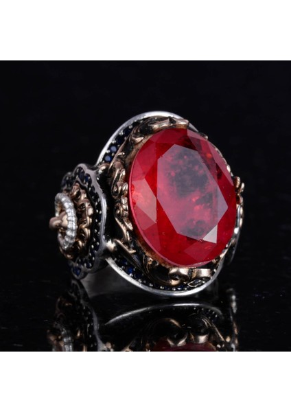 925 Ayar Gümüş Yüzük, Kırmızı Paraiba Yapay Taş Yüzük, Aslan Sembol Yüzük fırsatları