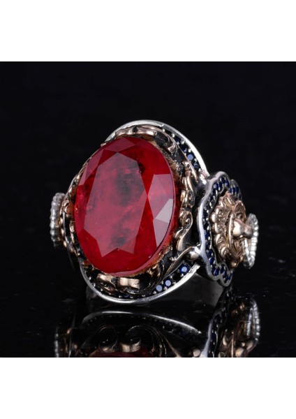 925 Ayar Gümüş Yüzük, Kırmızı Paraiba Yapay Taş Yüzük, Aslan Sembol Yüzük indirimleri