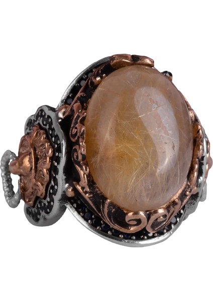 Gerçek Doğal Cabochon Altın Rutile Kuvars Taşı Yüzüğü, 925K Katı Gümüş Erkek Yüzüğü, Aslan Başı Yüzüğü