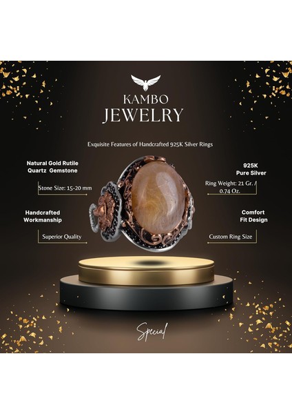 Gerçek Doğal Cabochon Altın Rutile Kuvars Taşı Yüzüğü, 925K Katı Gümüş Erkek Yüzüğü, Aslan Başı Yüzüğü fiyatları