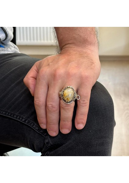 Gerçek Doğal Cabochon Altın Rutile Kuvars Taşı Yüzüğü, 925K Katı Gümüş Erkek Yüzüğü, Aslan Başı Yüzüğü modelleri