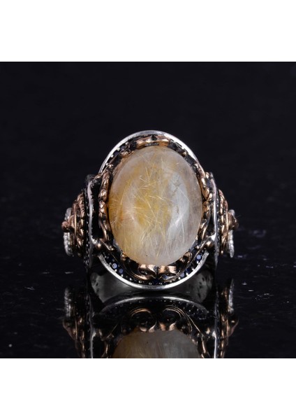 Gerçek Doğal Cabochon Altın Rutile Kuvars Taşı Yüzüğü, 925K Katı Gümüş Erkek Yüzüğü, Aslan Başı Yüzüğü fırsatları
