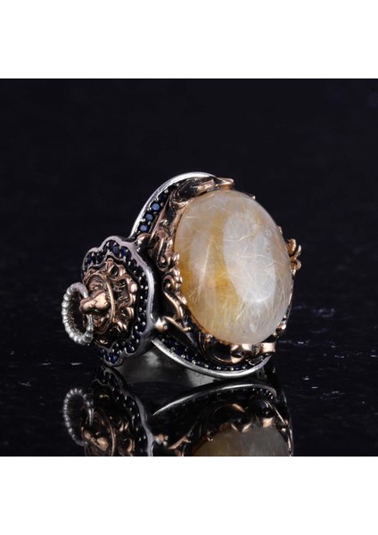Gerçek Doğal Cabochon Altın Rutile Kuvars Taşı Yüzüğü, 925K Katı Gümüş Erkek Yüzüğü, Aslan Başı Yüzüğü indirimleri