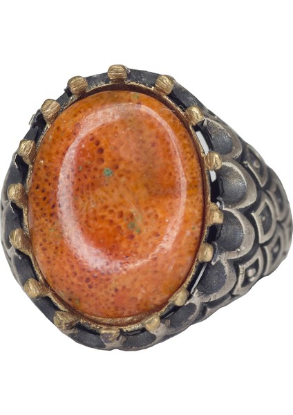 Unisex 925 Ayar Gümüş Yüzük ile Doğal Kırmızı Mercan Taşı