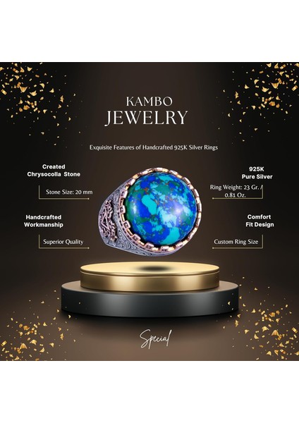925 Ayar Gümüş Yüzük - Kral Yüzüğü - Oluşturulmuş Taş Yüzük - El Yapımı Yüzük Erkekler Için (Oluşturulmuş Krysokolla) fiyatları