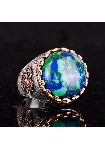 925 Ayar Gümüş Yüzük - Kral Yüzüğü - Oluşturulmuş Taş Yüzük - El Yapımı Yüzük Erkekler Için (Oluşturulmuş Krysokolla) indirimleri