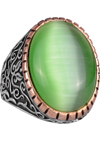 925 Ayar Gümüş Erkek Yüzük, Büyük Yüzük (Açık Yeşil Kedi Gözü Taş)