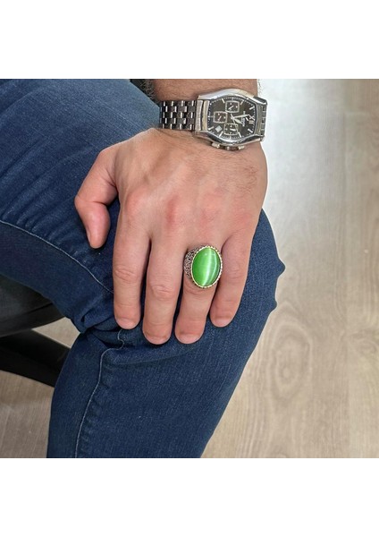 925 Ayar Gümüş Erkek Yüzük, Büyük Yüzük (Açık Yeşil Kedi Gözü Taş) modelleri
