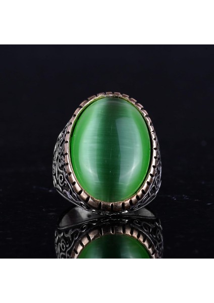 925 Ayar Gümüş Erkek Yüzük, Büyük Yüzük (Açık Yeşil Kedi Gözü Taş) fırsatları