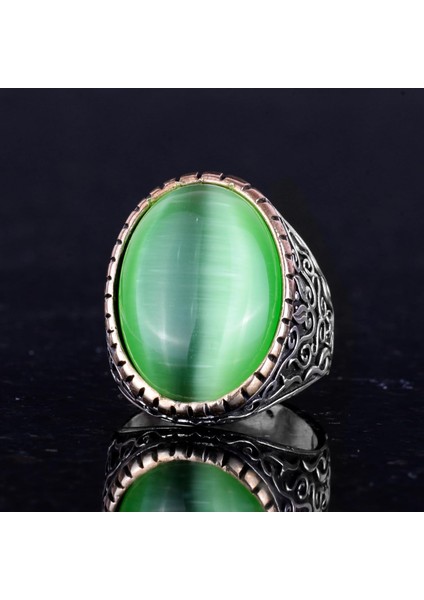 925 Ayar Gümüş Erkek Yüzük, Büyük Yüzük (Açık Yeşil Kedi Gözü Taş) indirimleri