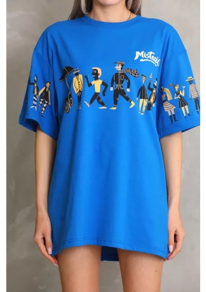 Unisex Bisiklet Yaka Baskılı Oversize T-Shirt - Mavi