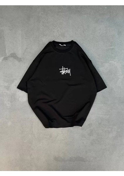 Unisex Bisiklet Yaka Baskılı Oversize T-Shirt - Siyah