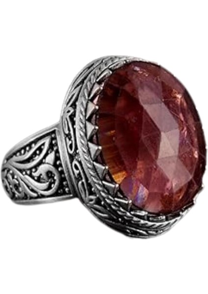 Doğal Taş Yüzük - 925 Ayar Gümüş Yüzük, Erkekler Için (Kırmızı Safir Taşı)