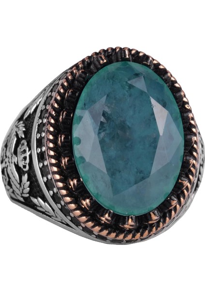 925 Ayar Gümüş Yüzük, Yapay Taş Yüzük, Kartal Sembolü Yüzük, El Yapımı Yüzük (Yapay Yeşil Paraiba)