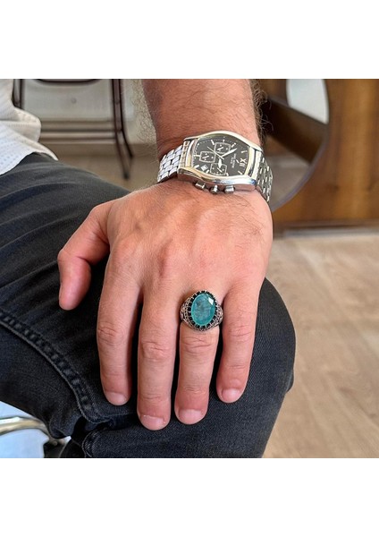 925 Ayar Gümüş Yüzük, Yapay Taş Yüzük, Kartal Sembolü Yüzük, El Yapımı Yüzük (Yapay Yeşil Paraiba) modelleri