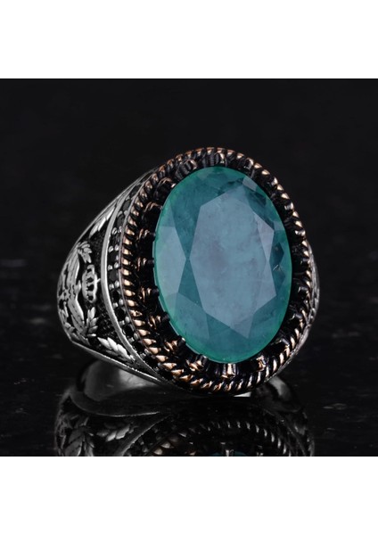 925 Ayar Gümüş Yüzük, Yapay Taş Yüzük, Kartal Sembolü Yüzük, El Yapımı Yüzük (Yapay Yeşil Paraiba) indirimleri