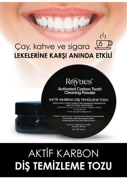 Diş Beyazlatma Tozu - Siyah Aktif Karbon Diş Tozu - Activated Teeth Whitening Powder - 40gr