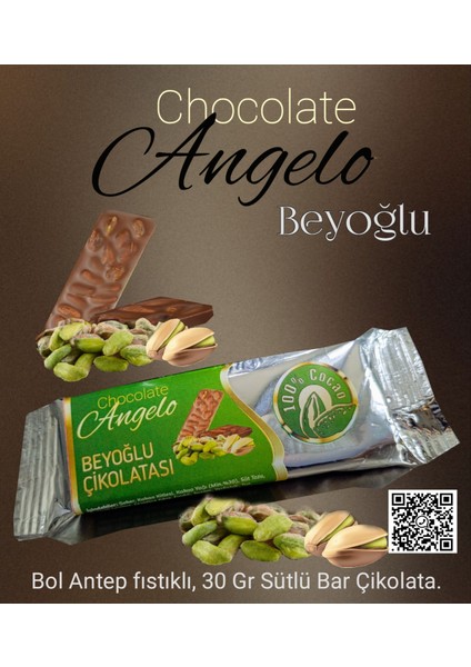 Angelo Chocolate Bütün Antep Fıstıklı 24 Ad. 30 gr Sütlü Bar Çikolata