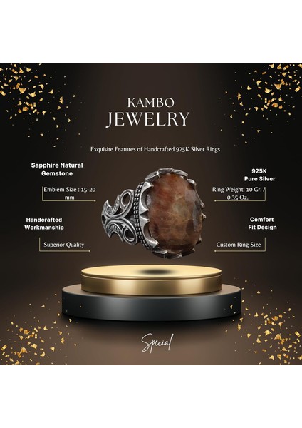 Erkekler Için Sterlin Gümüş Yüzük - Doğal 11 Ayar Kahverengi Safir Taşı, Farklı Tasarım fiyatları