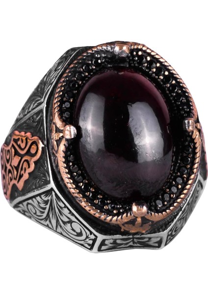 Doğal Cabochon Granat Taşlı Yüzük - Derin 925K Katı Gümüş Erkek Yüzüğü, Tutku ve Enerji Tasarımı