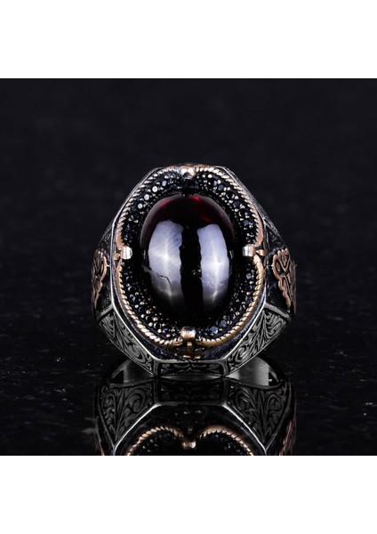 Doğal Cabochon Granat Taşlı Yüzük - Derin 925K Katı Gümüş Erkek Yüzüğü, Tutku ve Enerji Tasarımı modelleri