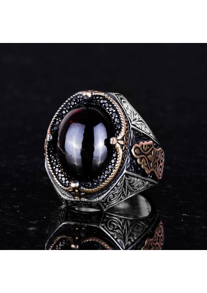 Doğal Cabochon Granat Taşlı Yüzük - Derin 925K Katı Gümüş Erkek Yüzüğü, Tutku ve Enerji Tasarımı indirimleri