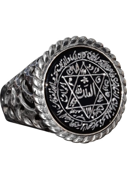 Gümüş Erkek Yüzük, Doğal Siyah Onyks Taşı, Kral Süleyman Mührü Yüzüğü, El Yapımı Takı