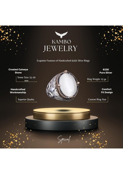 925 Ayar Gümüş Yüzükler Premium Üretilmiş Taşlarla (Beyaz Kedi Gözlü Üretilmiş Taş) indirimleri