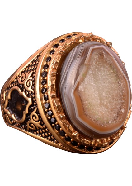 Doğal Drusy Kuvars Taşı Yüzük, 925 Ayar Gümüş Erkek Yüzük