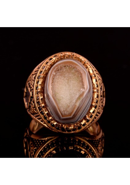 Doğal Drusy Kuvars Taşı Yüzük, 925 Ayar Gümüş Erkek Yüzük fiyatları