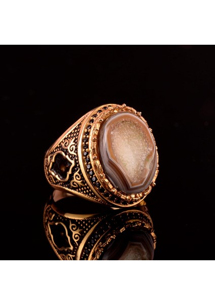 Doğal Drusy Kuvars Taşı Yüzük, 925 Ayar Gümüş Erkek Yüzük fırsatları