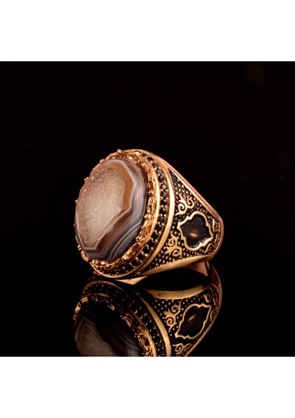 Doğal Drusy Kuvars Taşı Yüzük, 925 Ayar Gümüş Erkek Yüzük indirimleri