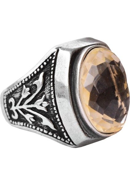 Erkekler Için Sterling Gümüş Yüzük - Doğal Oval Sitrin Taşı ve Lale Motifli Tasarım